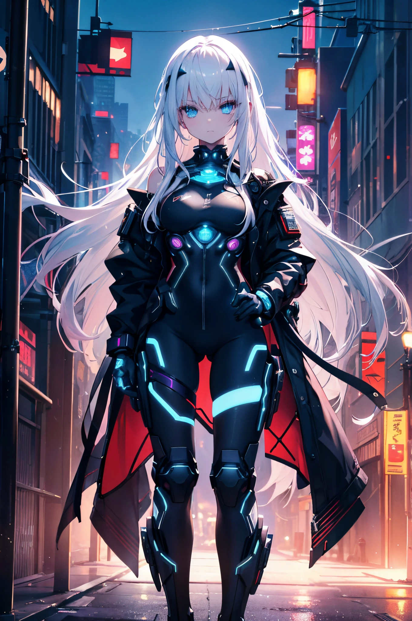 cyberpunk style, a young girl with white hair, long hair, wearing a high-cut swimsuit, powered exoskeleton, in a city, at night, (masterpiece:1.2), (best quality, 4K, 8K, high resolution), ultra-detailed, (realistic, photorealistic, photo-realistic:1.37), high dynamic range, ultra-high definition, studio lighting, extremely detailed description, professional, vivid colors, bokeh, portraits, landscape, anime, concept artists, neon colors, futuristic lighting.