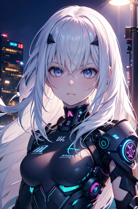 cyber punk style, A young girl with white hair, long_the hair, Wear a high-cut swimsuit, Power exoskeleton, in city, natta, (tma...