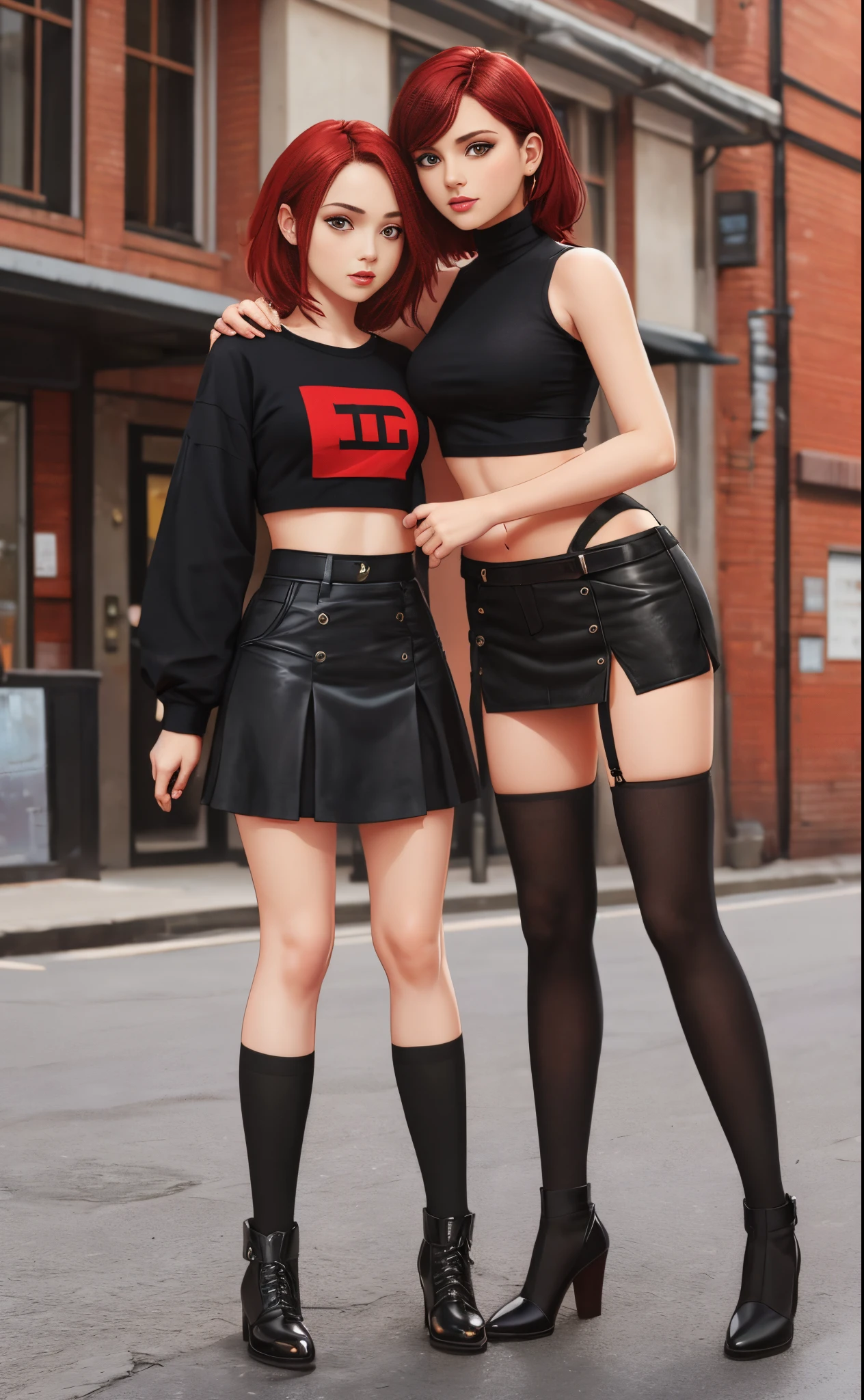 2girls, crop top, miniskirt, red hair, black hair, full body shot, lesbian, romance