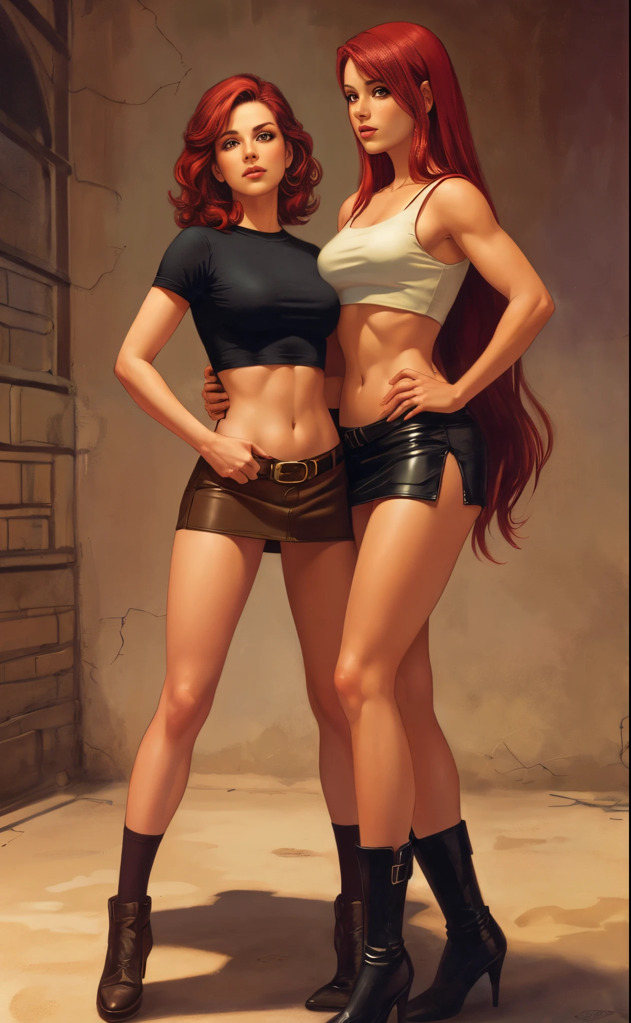 2girls, crop top, miniskirt, red hair, black hair, full body shot, lesbian, romance, clyde caldwell