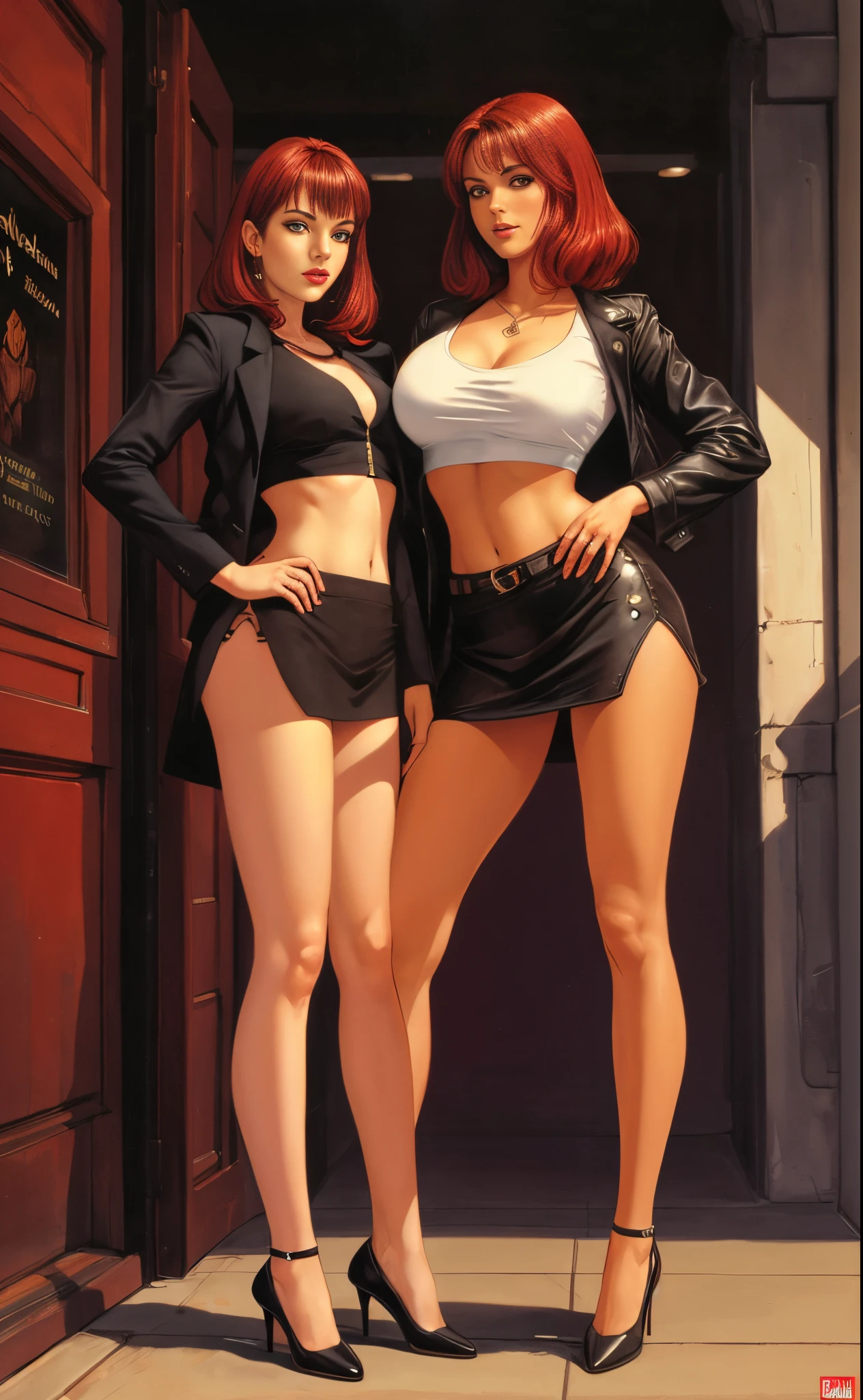 2girls, crop top, miniskirt, red hair, black hair, full body shot, lesbian, romance, clyde caldwell