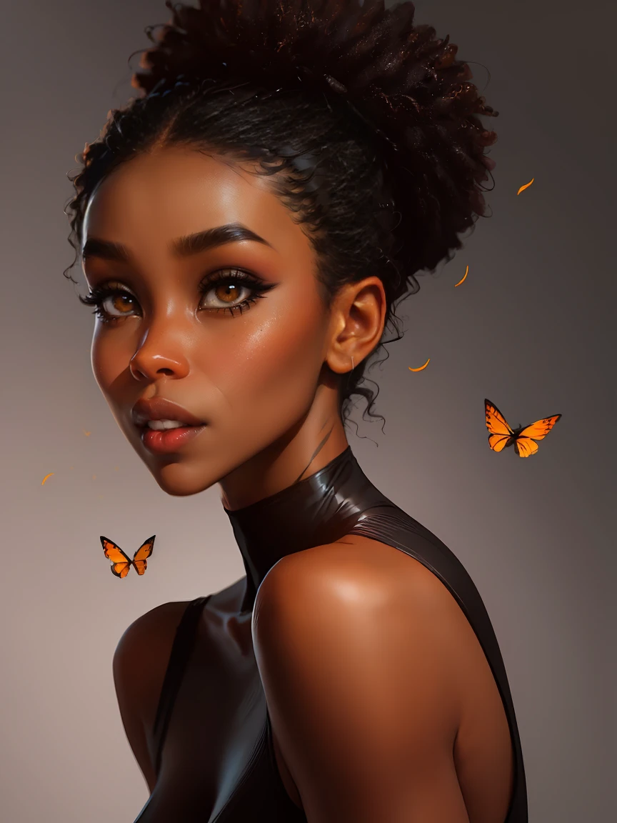 Linda mulher negra de pele escura com pele canela e borboletas , cores brilhantes, vivid, Intrincado,Obra-prima com qualidade de imagem Ultra HD, WLOP, Design de personagens de Stanley Artgerm, Arte em aquarela, "(melhor qualidade,Ultra-detalhado),pele de ébano,pele de ébanoned female:1.1,lindos olhos castanhos detalhados, lindos lábios detalhados, Arte Africana, cor da pele chocolate, Pele escura, Pele escuraned, nariz de ébano, ilustração fosca