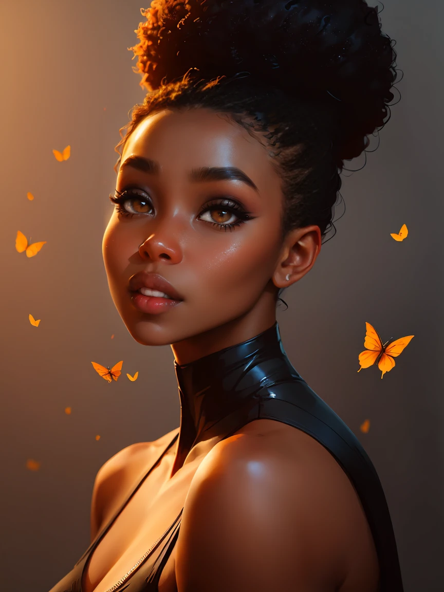 Dark-skin Gorgeous black woman with cinnamon skin with butterflies , bright colors, vivid, intricate,Ultra HD picture quality masterpiece, wlop, Stanley Artgerm character design, watercolor art, "(best quality,ultra-detailed),Ebony skin,Ebony skinned female:1.1,beautiful detailed brown eyes, beautiful detailed lips, African art, chocolate skin color, dark skin, dark skinned, ebony nose, matte illustration