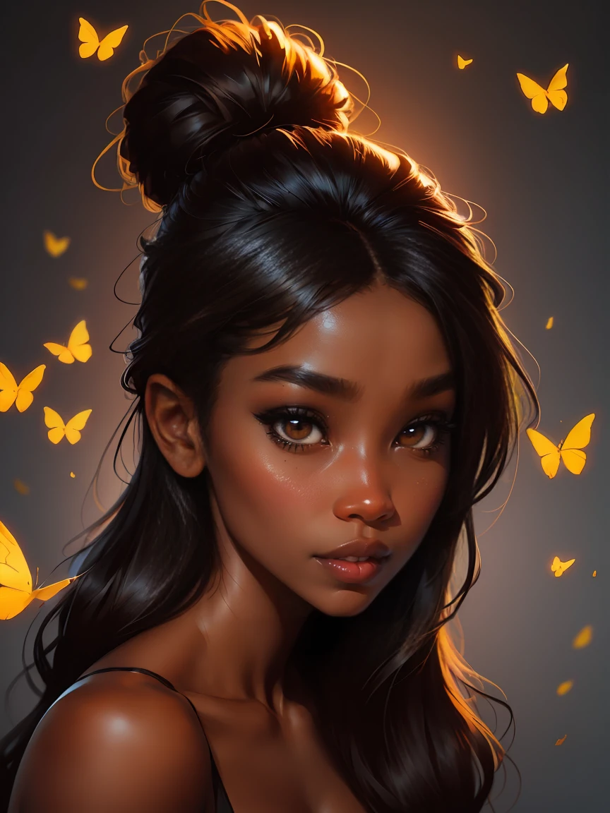 Linda mulher negra de pele escura com pele canela e borboletas , cores brilhantes, vivid, Intrincado,Obra-prima com qualidade de imagem Ultra HD, WLOP, Design de personagens de Stanley Artgerm, Arte em aquarela, "(melhor qualidade,Ultra-detalhado),pele de ébano escuro,Mulher de pele de ébano:1.1,lindos olhos castanhos detalhados, lindos lábios detalhados, cabelo preto comprido, Arte Africana, cor da pele chocolate, Pele escura, Pele escuraned, nariz de ébano, ilustração fosca