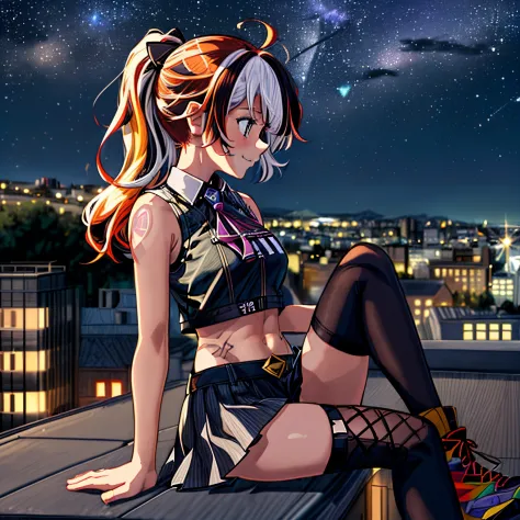 (Nighttime) , cityscape in background, ((19 year old girl sitting on a very high ledge looking down over rooftop into city, slig...