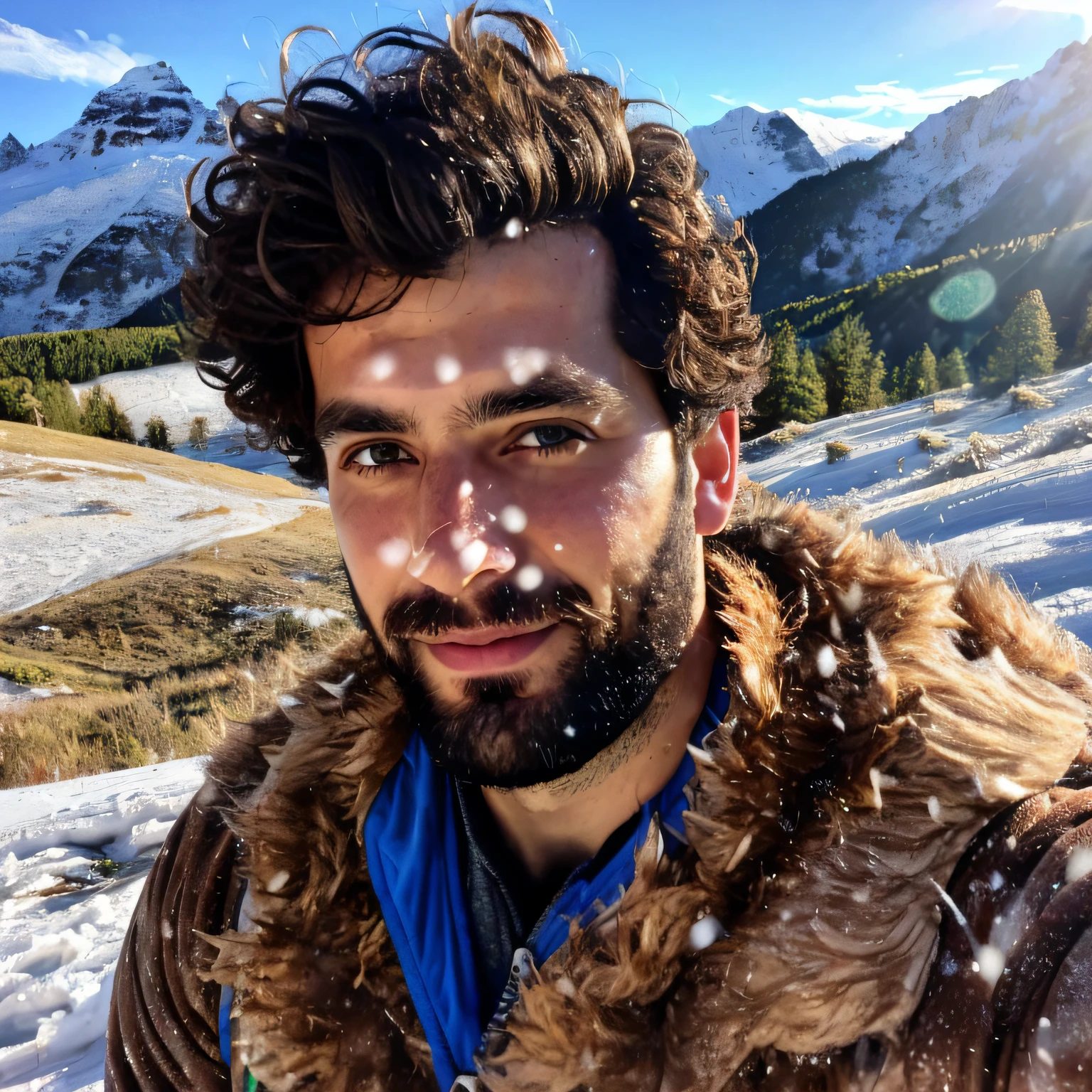 Fotorrealista, luz natural, hombre italiano guapo, se afilará, 2, Cuerpo delgado y bien definido, rastrojo beard, lleva ropa de esquí, rastrojo, pelo castaño rizado, Ojos cafés, Pelo despeinado, Tomándose una selfie en las montañas nevadas, visto desde el frente