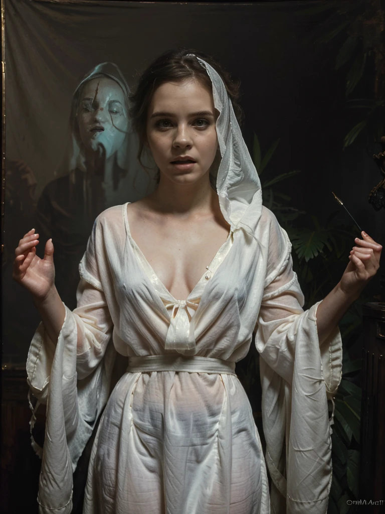 fantasmalystyle, (fantasma, espíritu), emma watson, tiro medio, (palmas presionadas contra la lona), fantasmaly body, fantasmaly clothes, (ropa detallada), fantasma in background, energia espiritual, atrapado in a haunted oil painting, hyperrealism, fantasmaly, atrapado, (gritando), Peter Mohrbacher, pierre terblanche, tendencia en artstation,