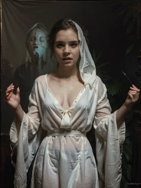 ghostlystyle, (ghost, spirits), Emma Watson, medium shot, (palms pressed against canvas), ghostly body, ghostly clothes, (detail...