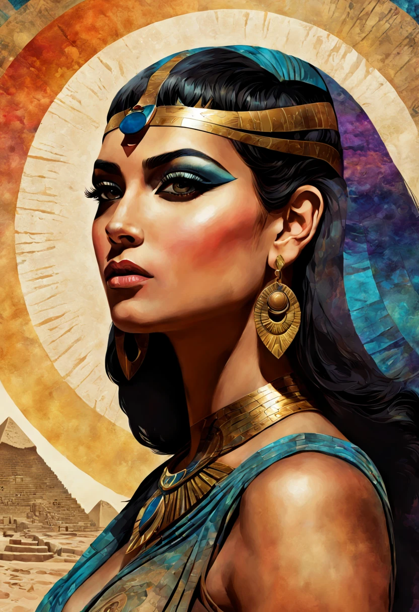 Close-up, Ancient Egyptian fantasy, digital painting of Cleopatra's close-up portrait, swathed in colorful gradient grunge, adorned with arabesque, swirl patterns, set against a neutral backdrop, center-aligned with a spiral helix, seamless double exposure effects incorporating hieroglyphs, pyramids, obelisks, ethereal and intricate design elements, layered with rippled, fragmented textures, creating an illusory, transient, and enigmatic narrative, mesmerizing, highly detailed, ultra, Mysterious, Style Bernie Wrightson, Gabriele Dell'otto, AI Midjourney, bright saturated colors, watercolor, oil paints, HDR, 500px, 4k,