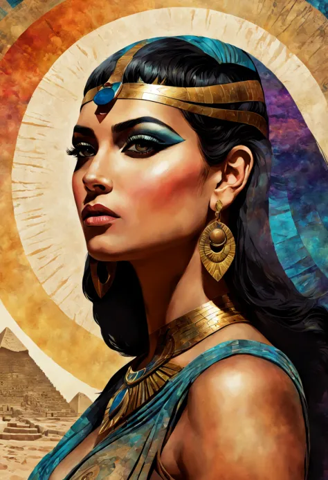 Close-up, Ancient Egyptian fantasy, digital painting of Cleopatra's close-up portrait, swathed in colorful gradient grunge, ador...