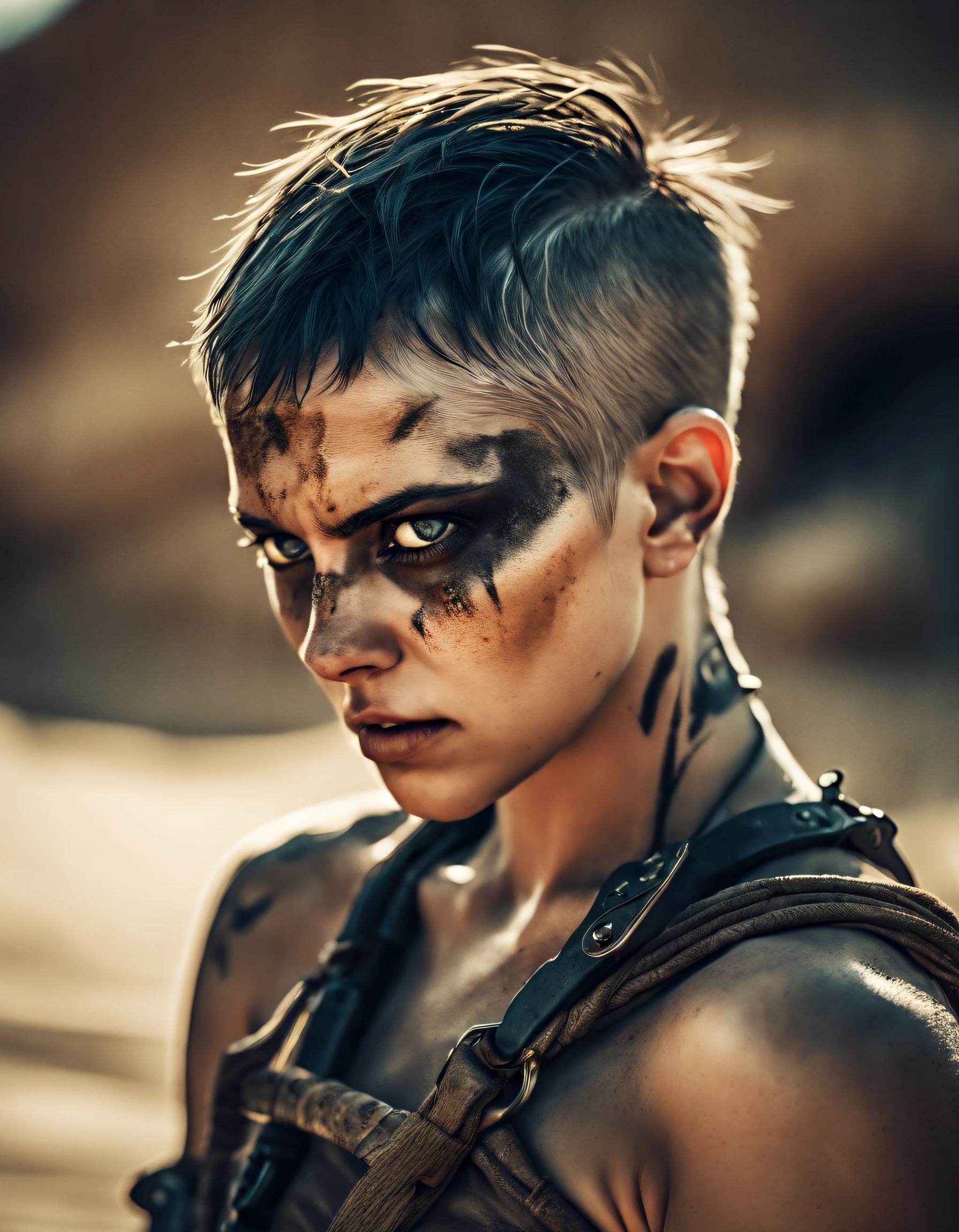 Furiosa,Mad Max,MUJER ESBELTA,cabello corto,cara pintada,medio negro,enormes ojos azules,ilustración,circunstanciado,Cara y ojos altamente detallados,fondo del desierto,expresión feroz,estilo distópico,Escala de colores:Contraste,iluminación discreta,Altas,arte conceptual,acción,post apocalíptico,corajudo,belleza dura,forza,Ferocidad,valentía, sexy, MILF DESNUDA