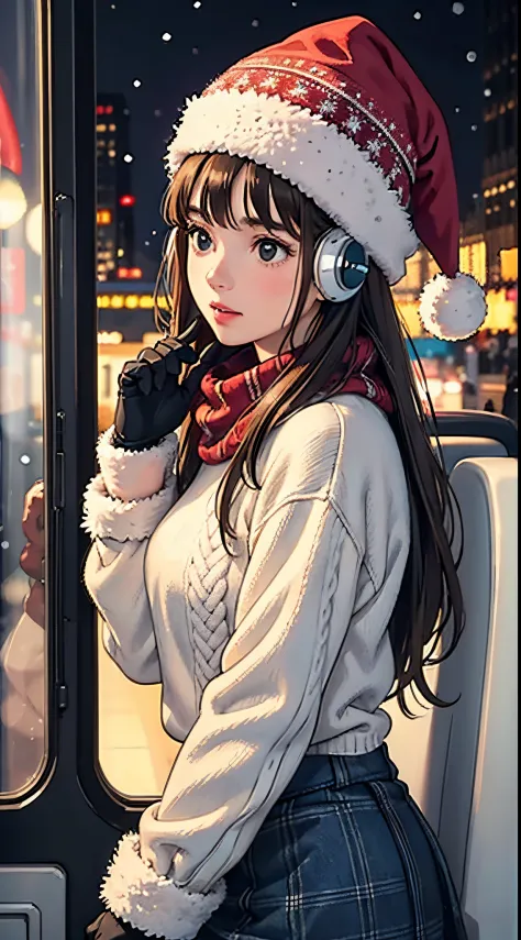 lofi chilled one brunette girl with headphones drives inside bus, thinking, looking up, head bend. finger touches thin. winter n...