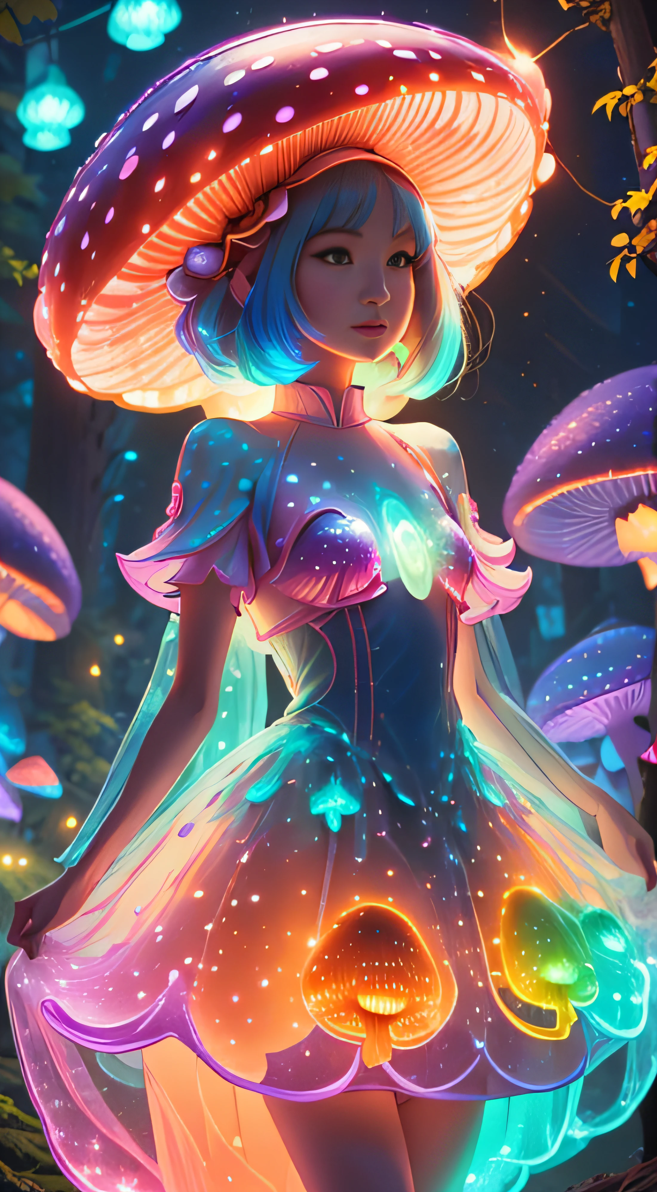 (meilleur qualité, ultra-détaillée, 16k, couleurs vives, Bokeh) le corps est entièrement constitué de champignons Champignons bioluminescents, une fille aux champignons, couleurs éclatantes, fantaisie, Créatures magiques, spores colorées et vaporeuses, illumination éthérée, lueur douce, Des ombres enchanteresses, spectacle surnaturel