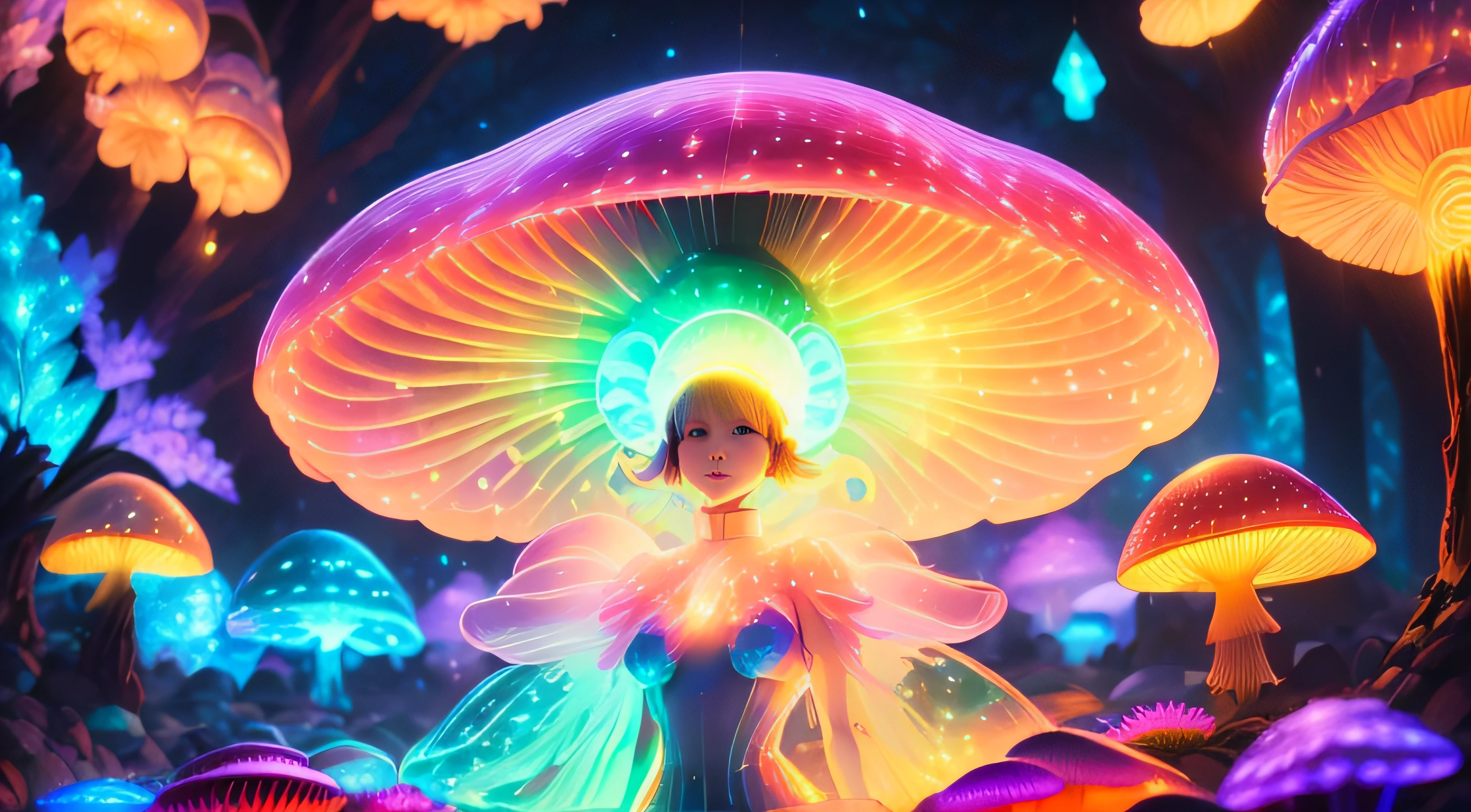 (更好的品質, 超詳細, 16k, 鮮豔的色彩, 散景) 身體完全由蘑菇組成 生物發光蘑菇, 一個女孩與蘑菇, 鮮豔的色彩, 幻想, 神奇的生物, 色彩繽紛、纖細的孢子, 空靈的照明, 柔和的光芒, 迷人的光影, 超自然表演