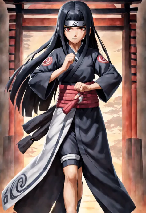 Hyuga prodigy, a 12-year-old kunoichi with flowing black locks and mesmerizing Byakugan eyes, showcased in a full-body shot. Sta...