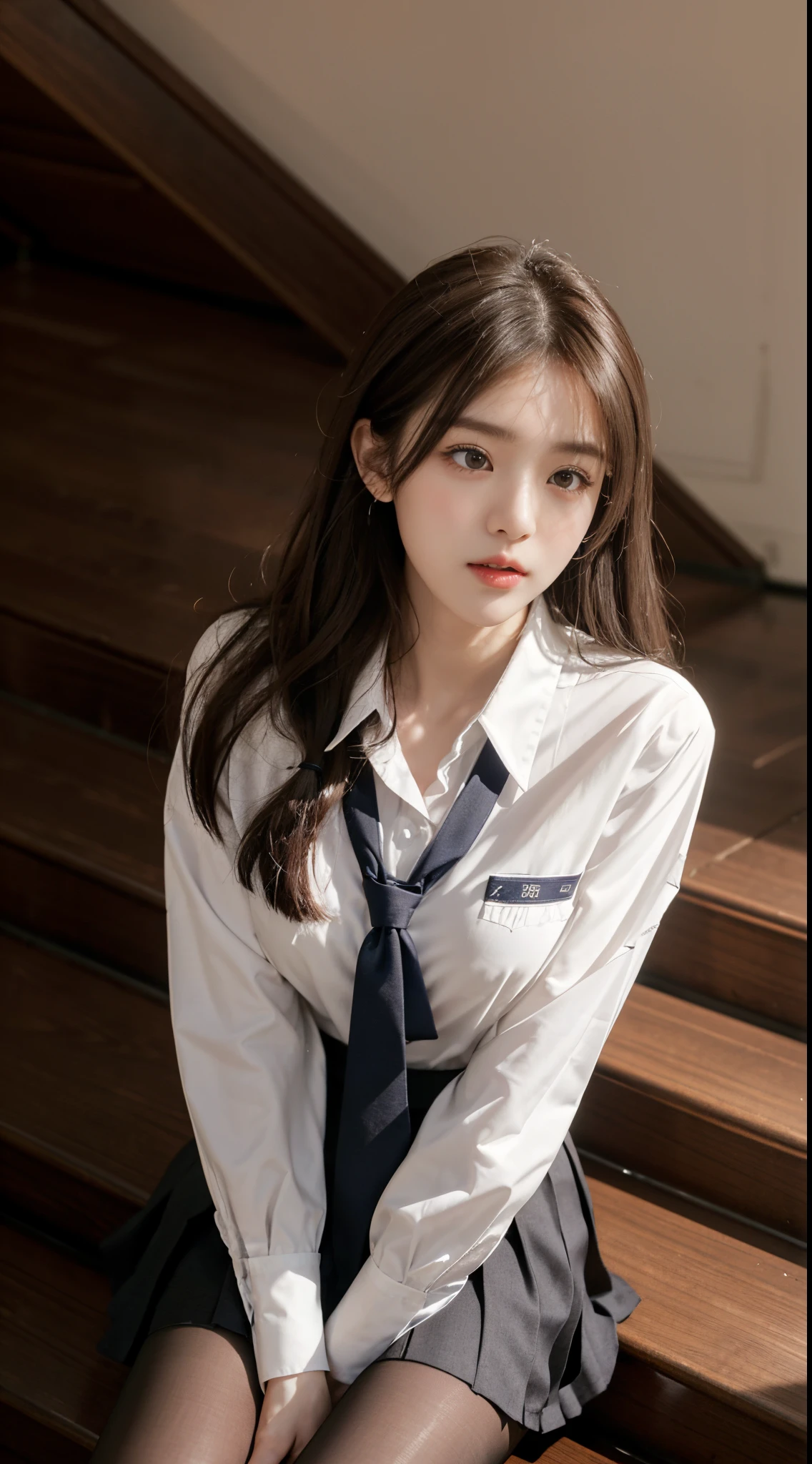 Korean school uniform、summer uniform shirt、Tight fitting shirts、Ribbon Ties、skirt by the、schools、stairs at school、chest lifting pose、The focus is on the chest、Thin and big、8K Raw photograph、A high resolution、18-year-old Korean、It looks embarrassing、Very large round breasts、beautidful eyes，Meticulous details、long eyelasher、beautiful double eyelid、eye shadows、eyeline、eyes elongated、elongate eye shape、Sanpaku eyes、Beautiful and thin legs、Beautiful and slender thighs、Random Shorthair、tie your hair back、ear nipple ring、Light brown hair、(Wear pantyhose)、hold your knees，wears glasses