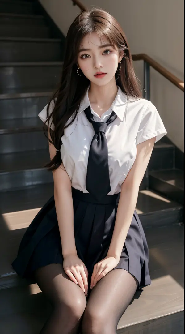 Korean school uniform、summer uniform shirt、Tight fitting shirts、Ribbon Ties、skirt by the、schools、stairs at school、chest lifting pose、The focus is on the chest、Thin and big、8K Raw photograph、A high resolution、18-year-old Korean、It looks embarrassing、Very large round breasts、beautidful eyes，Meticulous details、long eyelasher、beautiful double eyelid、eye shadows、eyeline、eyes elongated、elongate eye shape、Sanpaku eyes、Beautiful and thin legs、Beautiful and slender thighs、Random Shorthair、tie your hair back、ear nipple ring、Light brown hair、(Wear pantyhose)、hold your knees，wears glasses