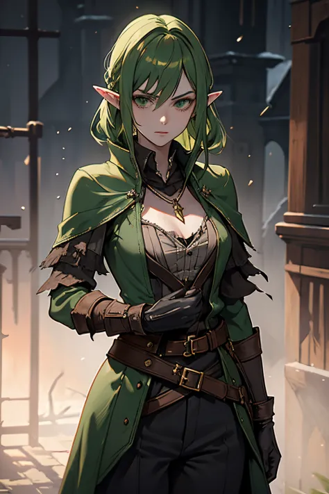 Adult elf woman with green sidecut hair and green eyes, flat breast coverd by clothes, wears dark black hunter outfit from Blood...