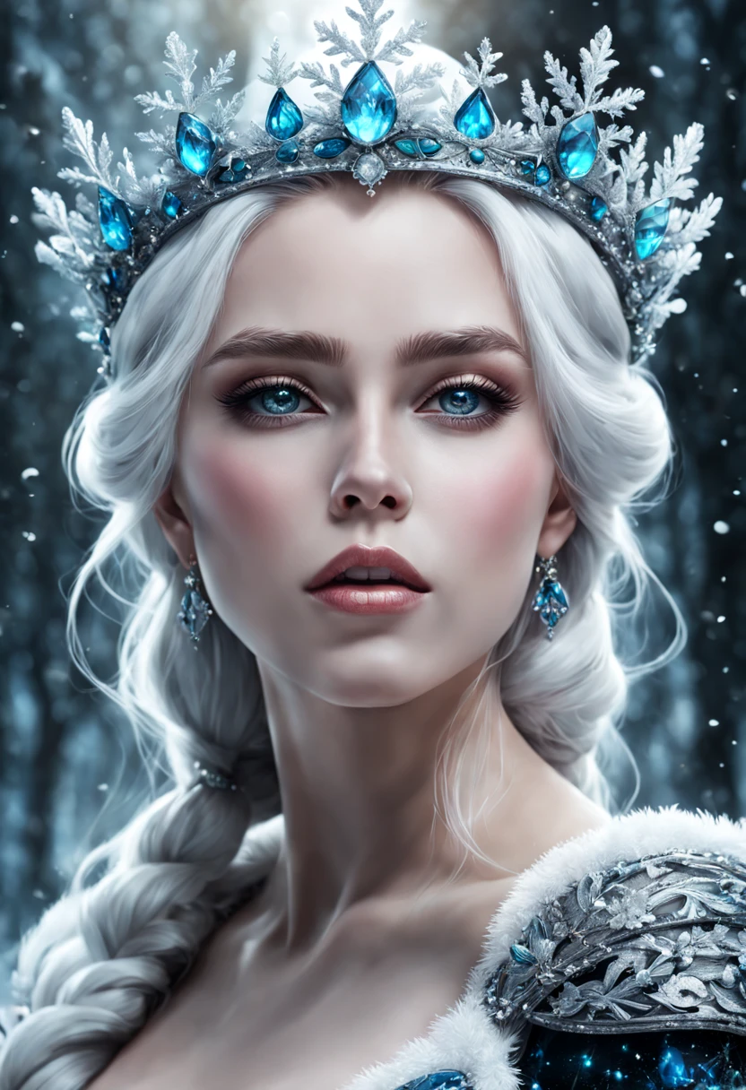 The winter is near, surreal painting of a beautiful winter spirit, gorgeous winter body, pale skin, glowing white eyes, white eyebrows, frozen white lips, sparkling hair, crown from snowflakes, magical spirit clothes, 8k, UHD, masterpiece, hight resolution, delicate detail, realistic, highly detailed, perfect composition, beautiful, detailed, insanely detailed, octane render, trending on artstation, 8k artistic photography, photorealistic concept art, soft, natural, volumetric, cinematic, natural light, epic royal background, big royal uncropped crown, royal jewelry, robotic, nature, full shot, symmetrical, Greg Rutkowski, Charlie Bowater, Beeple, Unreal 5, hyperrealistic, dynamic lighting, fantasy art