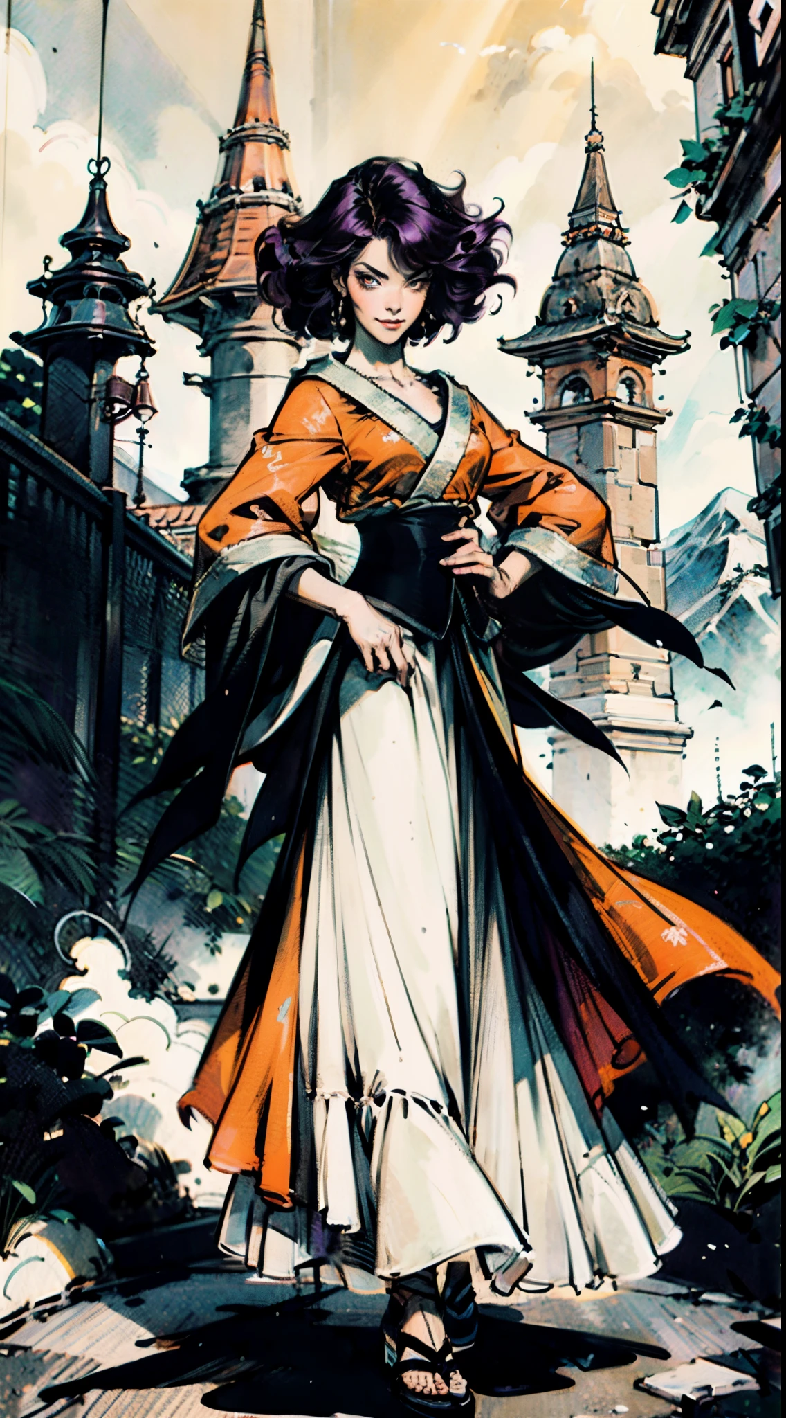 A mature woman, medium-length long black-purple hair, curly bangs, sly eyes, a playful smile, an elegant and wise demeanor, a simple fantasy martial arts-style orange two-piece dress with a long skirt, wide sleeves, a flowing hem, Gracefully strolling in an ancient building towering among the mountains, this character embodies a finely crafted fantasy martial arts-style female warrior in anime style, exquisite and mature manga art style, high definition, best quality, highres, ultra-detailed, ultra-fine painting, extremely delicate, professional, anatomically correct, symmetrical face, extremely detailed eyes and face, high quality eyes, creativity, RAW photo, UHD, 8k, Natural light, cinematic lighting, masterpiece-anatomy-perfect, masterpiece:1.5