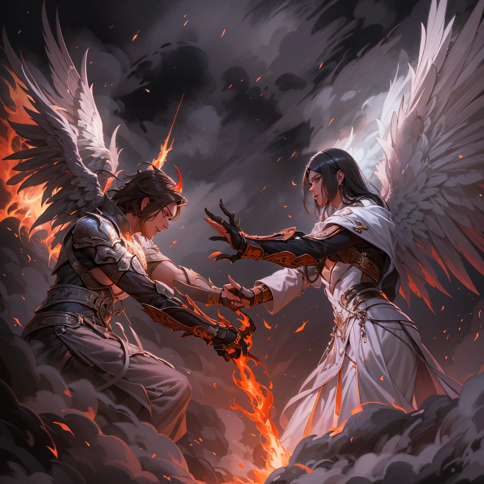 El tema：angel vs demon,pulso de fuego,lucha de brazos,prueba de fuerza,el cielo vs el infierno,lucha maganime,alas de angel blancas,alas de murcielago negras,white snow vs red sky 生成的 fast：
"(La mejor calidad,4k,8k,Altas Resoluciones,Obra maestra:1.2),Ultra detallado,(realista,fotorrealista,fotorrealista:1.37),angel vs demon,pulso de fuego,lucha de brazos,prueba de fuerza,el cielo vs el infierno,lucha maganime,ay de angel blancas,alas de murcielago negras,neves blancas vs cielo rojo,[illustration],[dynamic composition],[fantasy],[epic battle],[emociones intensas],[fiery atmosphere],[fuerzas colosales],retrato,Paisaje,foco nítido,physically based representation,profesional,vivid colors,Bokeh,tonos saturados,[Dramatic lighting]"