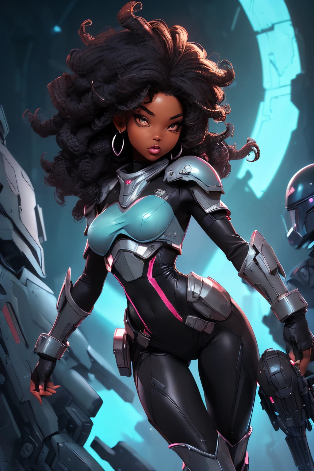 (((sfw, sexy black girl, medium breasts, black skin, slim body))), sci-fi, cropped armor, full body dynamic action pose, spaceship as background, slim body, Mandalorian hunter, full body, multicolored, curly, frizzy, modern hair, modern accessories, pastel background, colorful and simple,post-apocalypic_fashion