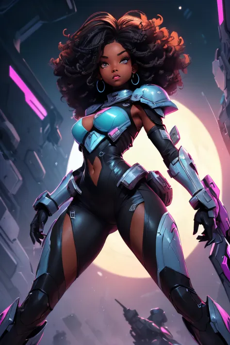 (((sfw, sexy black girl, medium breasts, black skin, slim body))), sci-fi, cropped armor, full body dynamic action pose, spacesh...