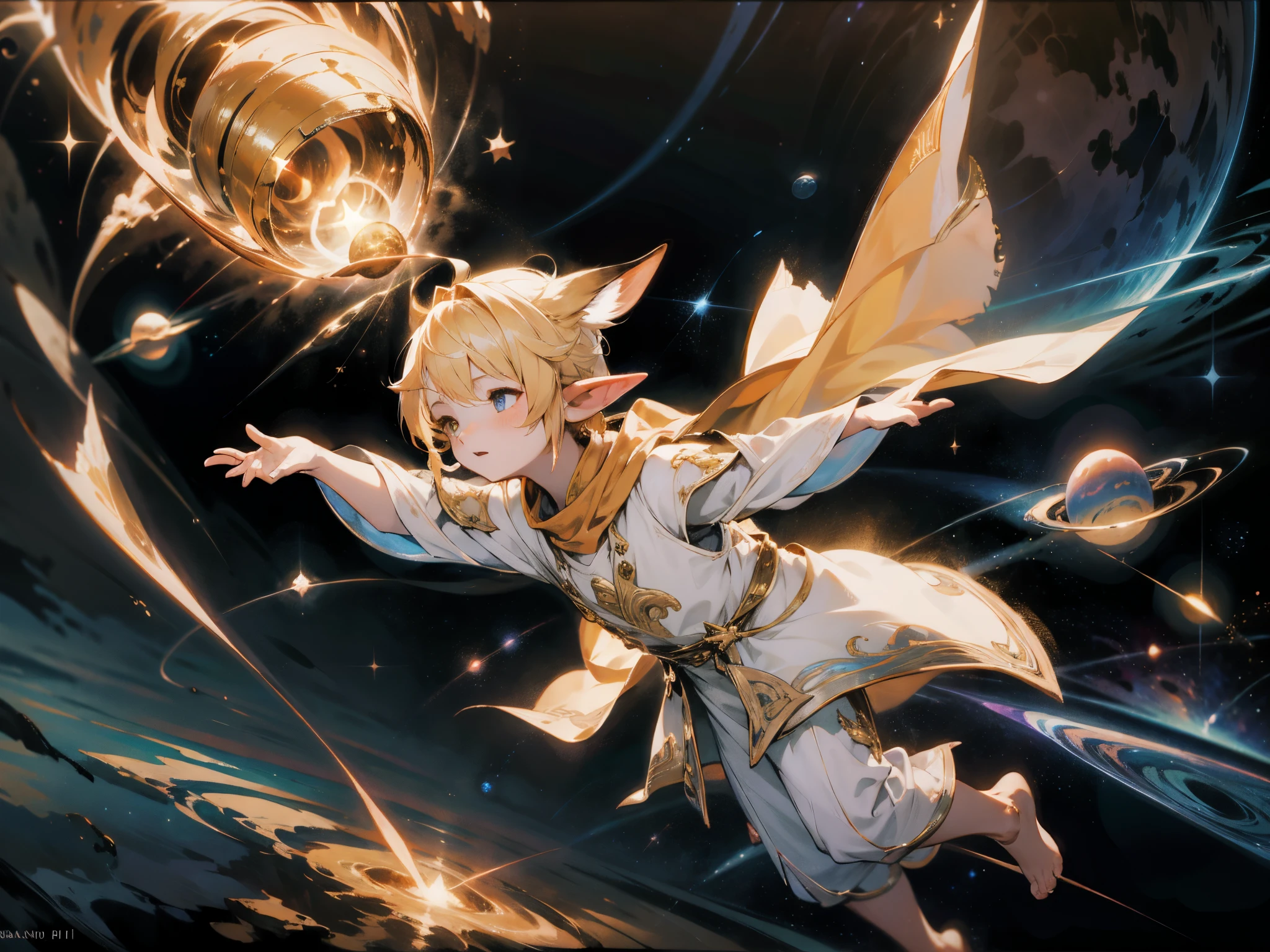 Full Body, Side view, (1boy), Ff14, Lalafel, pointy-ears, golden haired, (floating in outer space), reaching one light with perfect hands, reaching one light with perfect hands, (Wearing white tunic with a intricate golden scarf), vivid colors, (long ears), pointed nose, sparkling eyes, peaceful expression, magical aura, celestial background, star-filled sky, soft ethereal lighting.