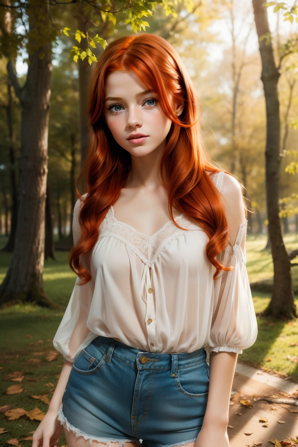 A close up of a woman with red hair and a white blouse - SeaArt AI