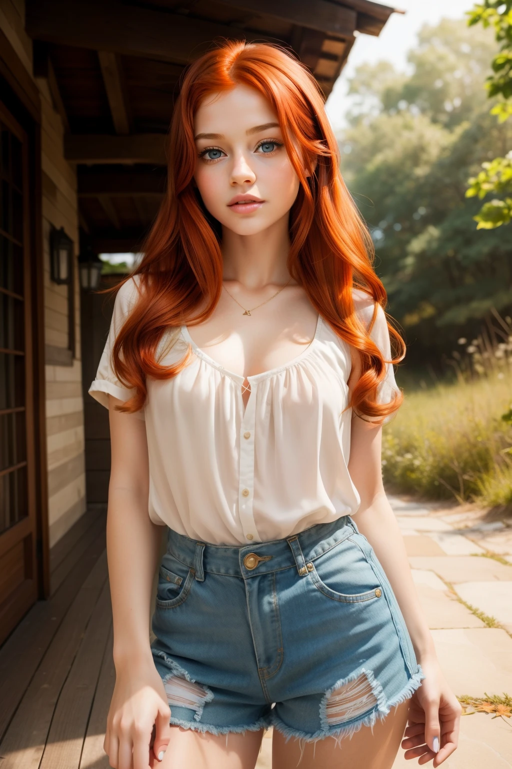 A close up of a woman with red hair wearing shorts and a white shirt -  SeaArt AI