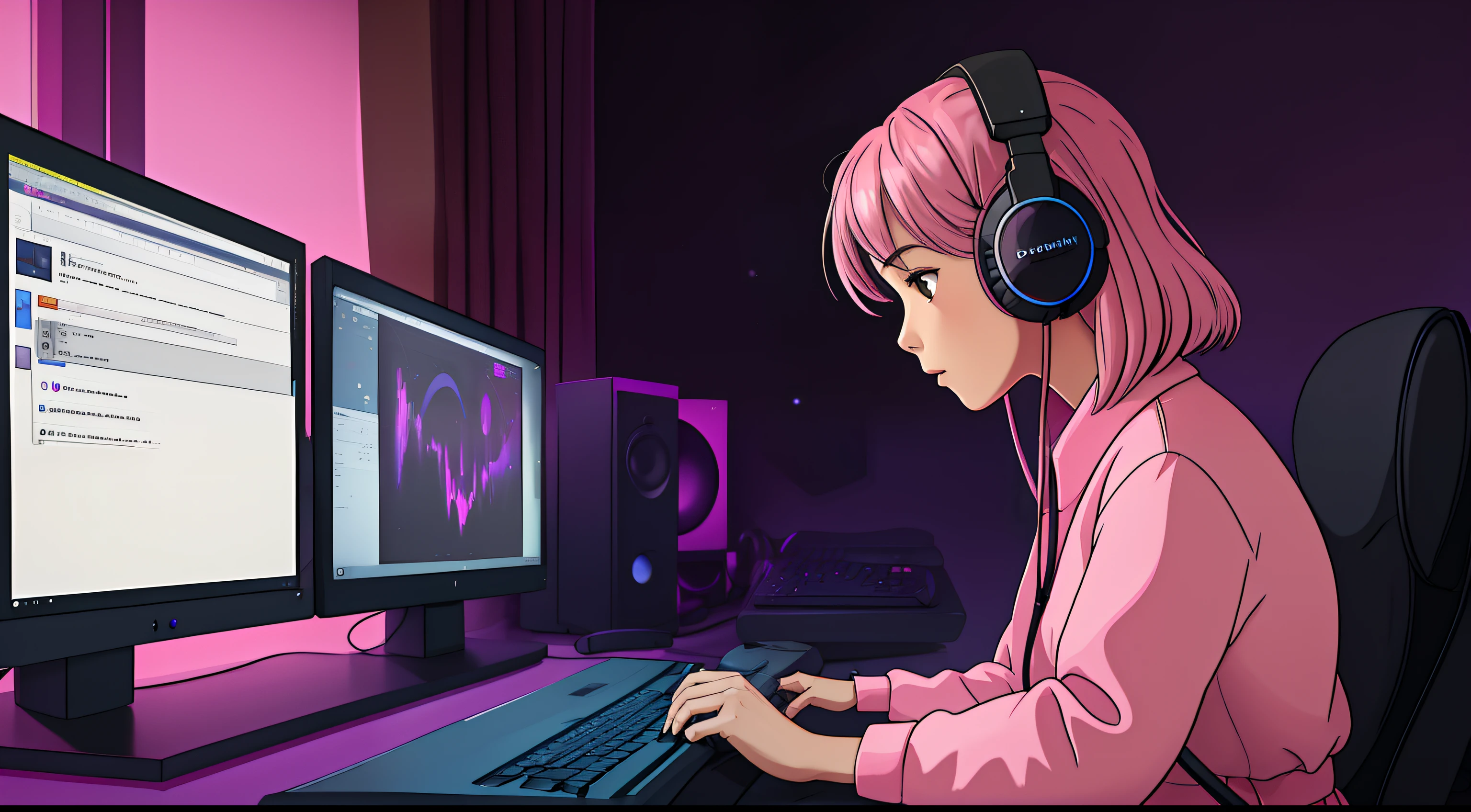 Lofistudy, 1girl em, door, typing, Um cabelo rosa, olhos castanhos, uma cadeira, um computador, headphones on head, Interiores, teclado_\(um computador\), Note PC, Monitores, Gato_\(um computador\), Monitores, Drapeja, Noite, janela, fundo roxo