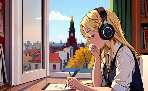 Lofistudy, 1girl em, escrita, do lado, menina com, cabelos loiros, comprimento do cabelo, headphones on head,   janela, Ukraine ...