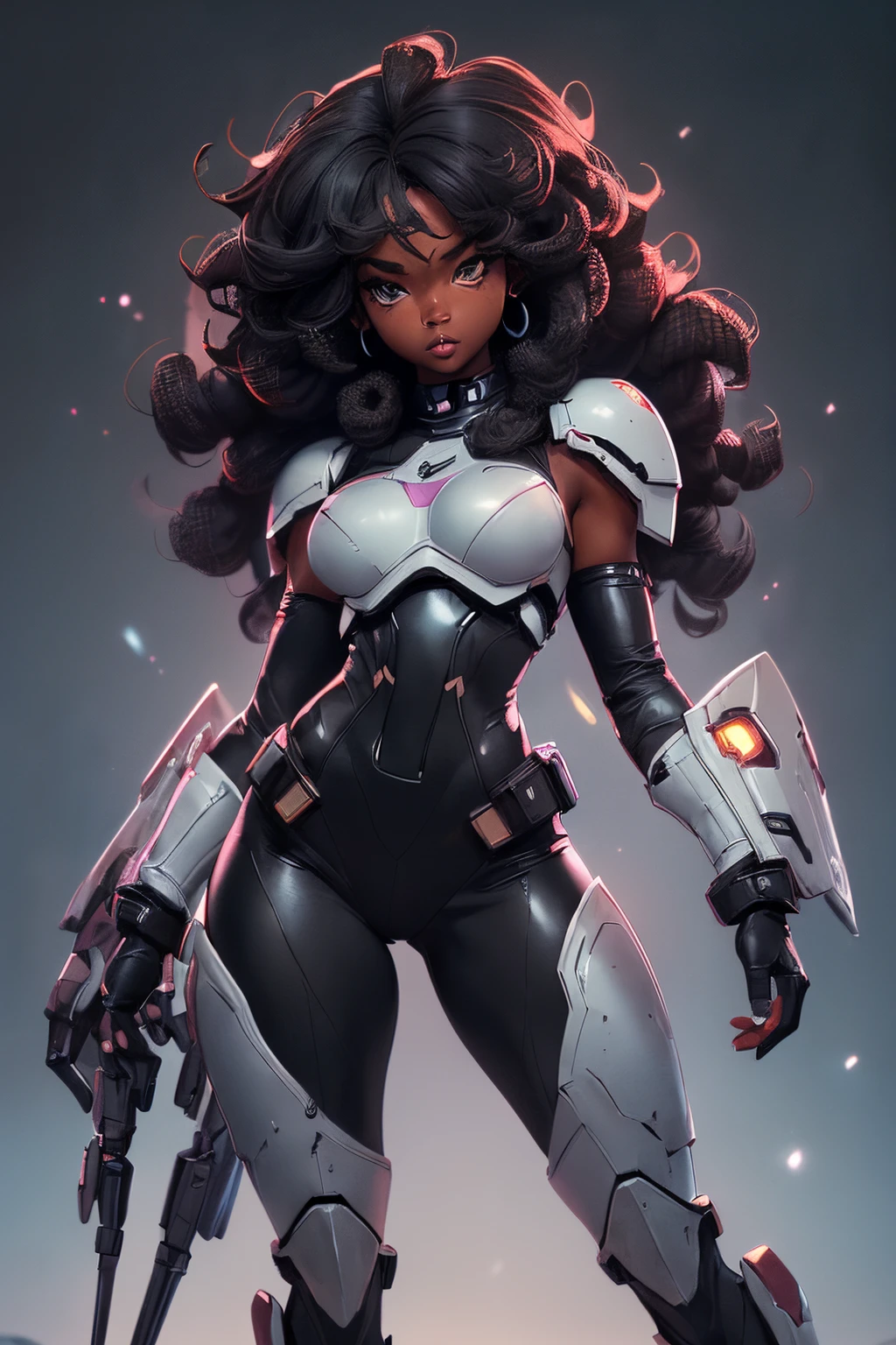 (((sfw, sexy black girl, medium breasts, black skin, slim body))), sci-fi, cropped armor, full body dynamic action pose, spaceship as background, slim body, Mandalorian hunter, full body, multicolored, curly, frizzy, modern hair, modern accessories, pastel background, colorful and simple,post-apocalypic_fashion