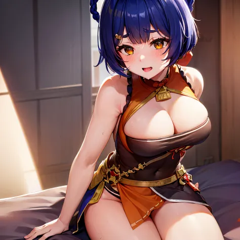 Best Quality, ultra-detailliert, Illustration, Xiangling, Genshin Impact, embarrassed, red blush, scratching your head, dark blue hair, long-haired, orange eyes, cute face, beautiful breast, thick thighs, sexy, turned around, Close, Angle to show off breas...