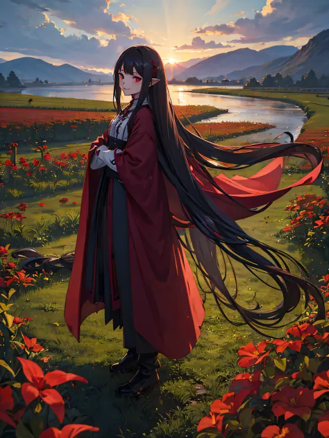 Anime girl, vampire, teeth, standing in the field, very long hairs, perfect body, 4k, ultra hight quality, Village in backgraund, clasick clothes,