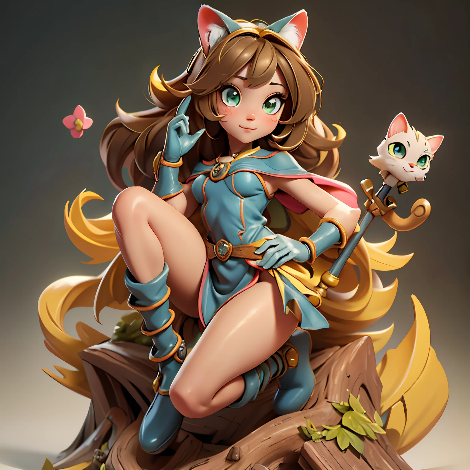 super alta qualidade, 8k, Foto RAW, realista, Straight light brown hair, Cute little girl, ojos agudos, maquillaje completo, Esbelto, great proportion, vistiendo un disfraz de mascota de gato de lana suave y esponjoso con minifalda con capucha, botas y guantes, Pose de la pata, Pose de garra