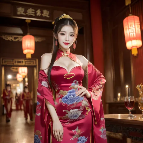 top-quality、masutepiece、8K、Top image quality、Highly complex and detailed  depictions))、(Photo of three Chinese prostitutes:1.5)、Chinese garrison  house at night、((Huge costume of the most gorgeous Chinese prostitute、the  most vivid and luxurious