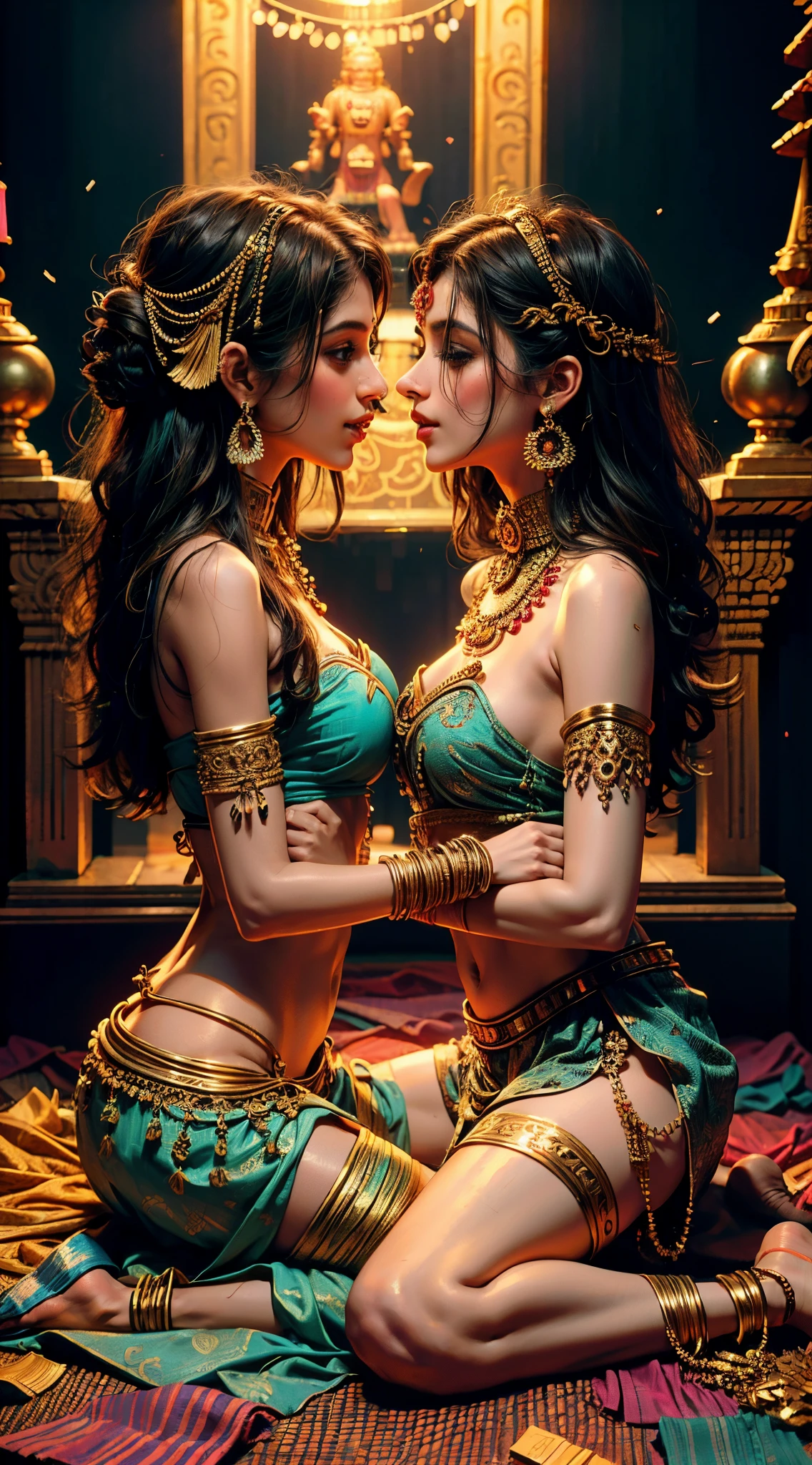 2 meninas indianas jovens e magras se beijando, usando roupas e acessórios típicos, fazendo sexo em um templo, mandalas e estátuas de Ganesha ao fundo