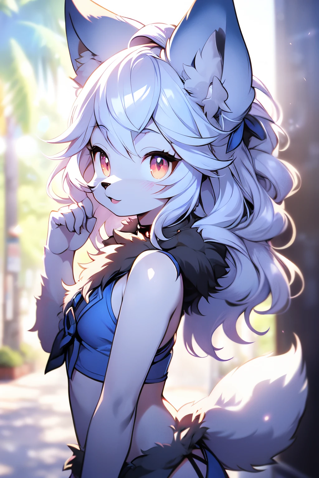 uploaded on e621,((Fumiko, I&#39;m Fujimoto, Author: TeamLab, mikko lagerstedt,Author: Silverfox5213)),SFW,cyber punk, (hi res), ((Masterpiece)), ((Best Quality)),(chibi:0.3) , kemono, Furry, Wolf, animal ears, Body fur, 1women, solo, ((Short blue hair)), *//*, brown eye, *//*, looking a viewer, Smile, The Wolf Girl, (((woman's))), ((small breasts)), young adult, ,Red shading, Beach, day light, Toned body, Choker, cute pose, ((bikinis)), (Detailed background, Depth of field, half body shadow, Sunlight, ambient light on the body), (Intricate:0.1), (high detail:1.3), (Unreal engine:0.5), (soft focus:0.2), ,((Half-length portrait, three-quarter view,Cowboy shot)),  Fluffy anthropomorphic wolf, Fluffy wolf nose, Wolf tail, ((light gray fur)), (perspective)