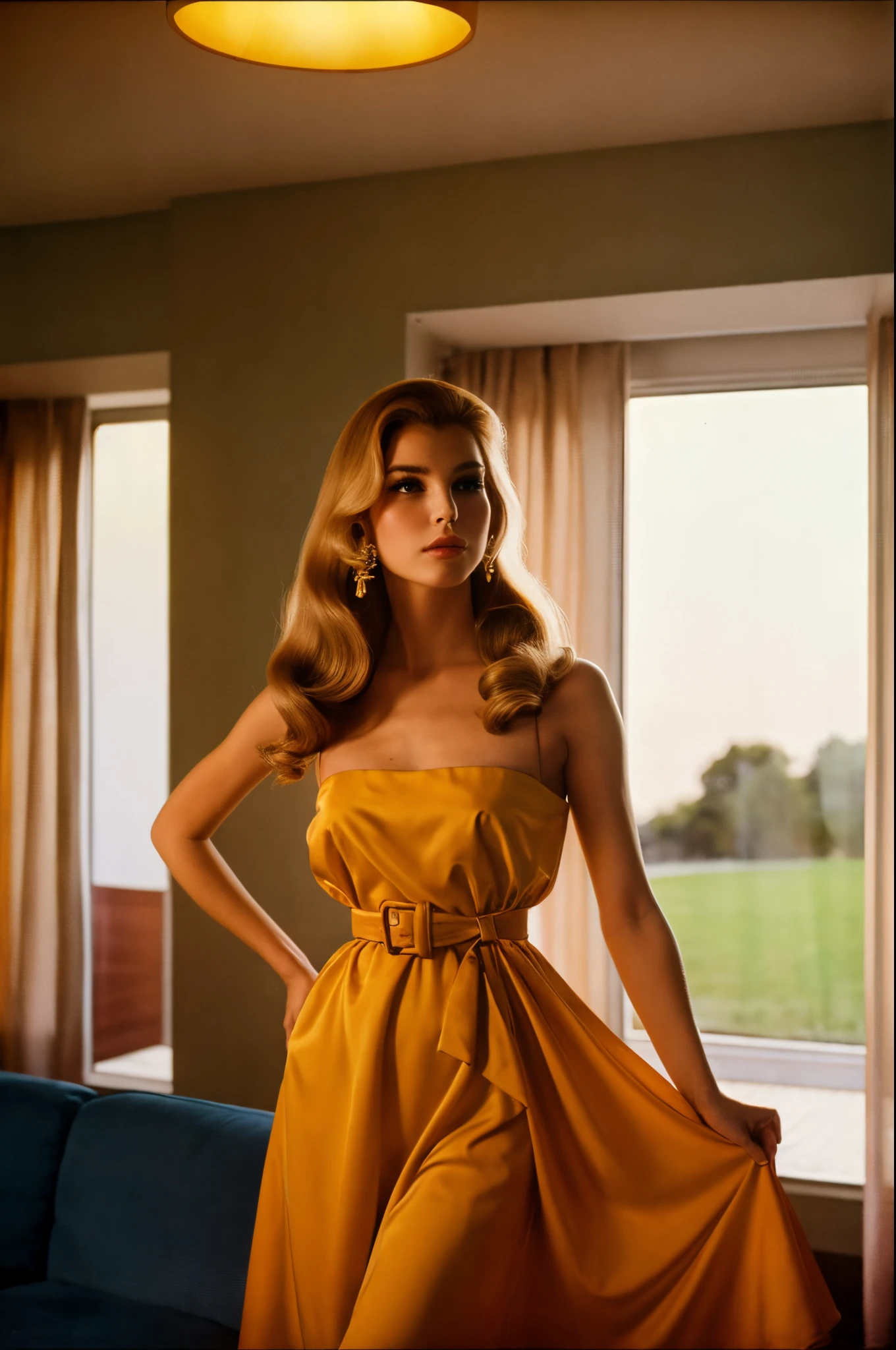 Full shot, a beautiful honey blonde wearing a vintage 1960s dress and belt, SixtiesHighFashion, 1960s hairstyle, medium breasts, not exposed, pushing a vacuum in a living room in a 1960s home, looking away from viewer, beautiful view out the windows, 8 k sensual lighting, warm lighting, 4k extremely photorealistic, uhd 4k highly detailed