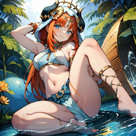 1 girl,Orange low double ponytail,Fair skin,Water-colored eyes,blue and white turban,has horns on its head，Ocean blue belly dance costume，Lotus texture，Gold-toned hemming，Light orange and light blue gradient manicure，Leg straps，Delicate Face Portrayal，Best...