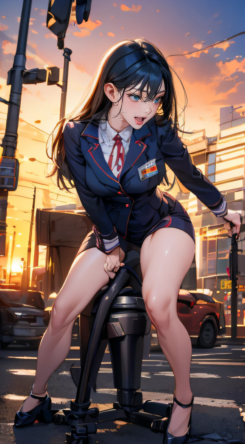 a woman, whole body, clerk uniform, round face, name plate, id card, (stocking), straddling to hit her crotch on an exposed pipe that is standing on the ground, open legs, raise leg, open mouth, , masturbation, ecstasy face, On the streets of downtown area, sunset,