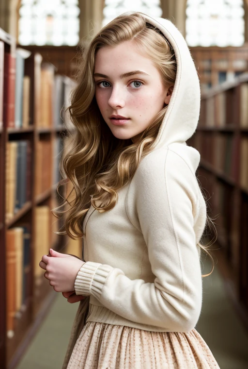 masterpiece, best quality, hyperrealistic, cinematic photo,  innocent 20yo female, 
pronounced feminine features,

hoodie,
Shoulderlong wavy blonde hair,
freckled face,
(library background),
victorian style,
(8k, epic composition, photorealistic, sharp focus),
elaborate background,
dslr,

intricate details,




rule of thirds,