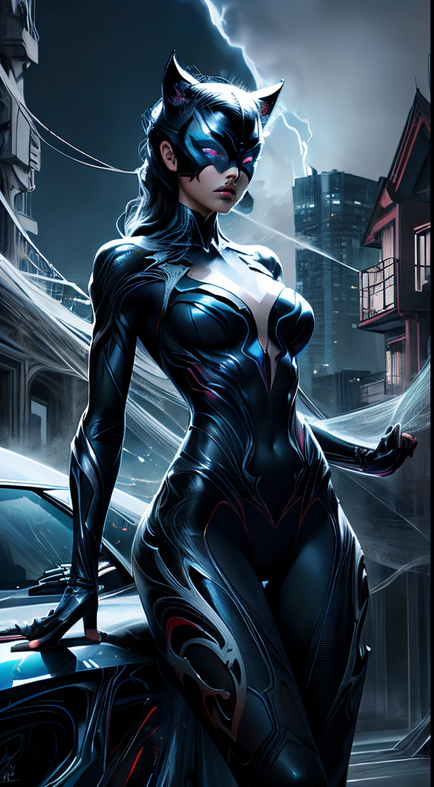 illustration, 4K UHD illustration, upscaled professional drawing HDR, from DC comics in dynamic pose, full body image (:1.8) stunningly beautiful woman, intense blue eyes, eyebrows tanned skin tone, detailed catwoman mask, gloss black form fitting full length bodysuit, full lips, lips parted looking-into-camera, glowing lightning in background, swirling smoke eminating from fingertips, abandoned dojo background, detailed night time, thunderstorm atmosphere, glowing blue eyes emitting eeire spectral glow, purple lightning thunderstorm in background, 300dpi, masterpiece style, painting style, stroke style in a dark background,watercolor, charcoal, pen & Ink, tshirt design style, aesthetic for Tshirt design, darktone