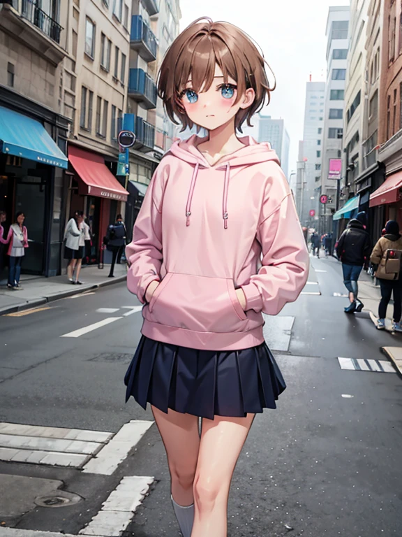 Male human, short brown hair, blue wearing pink hoodie, white short skirt, embarrassed, walking down a sidewalk in the city, cute shoes,