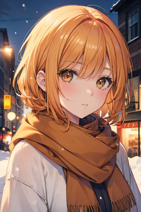 Girl, short blonde orange-blond hair, Brown eyes, sweater, a scarf, fresh snow, City