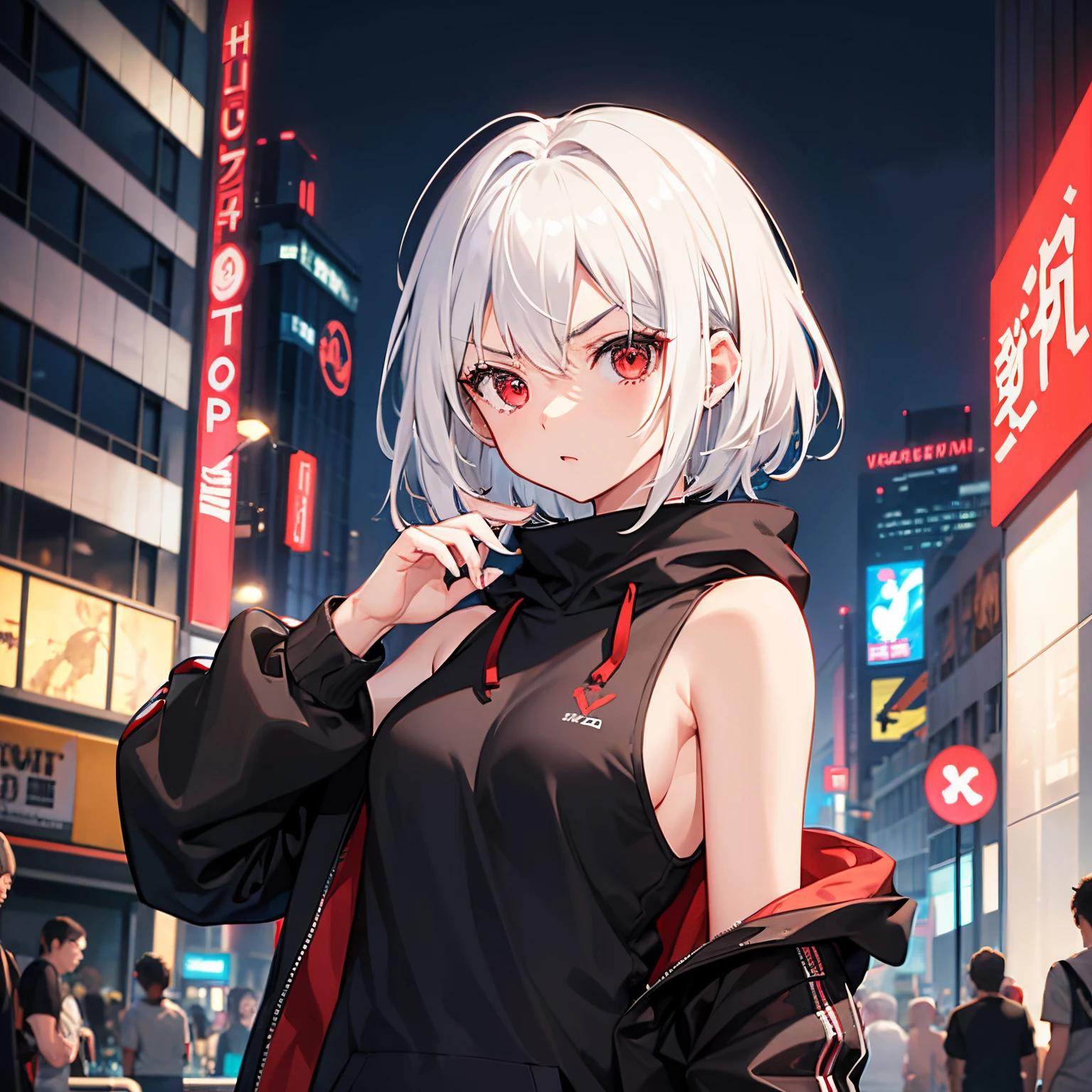 Chica anime con cabello blanco y ojos rojos parada en una ciudad. - SeaArt  AI