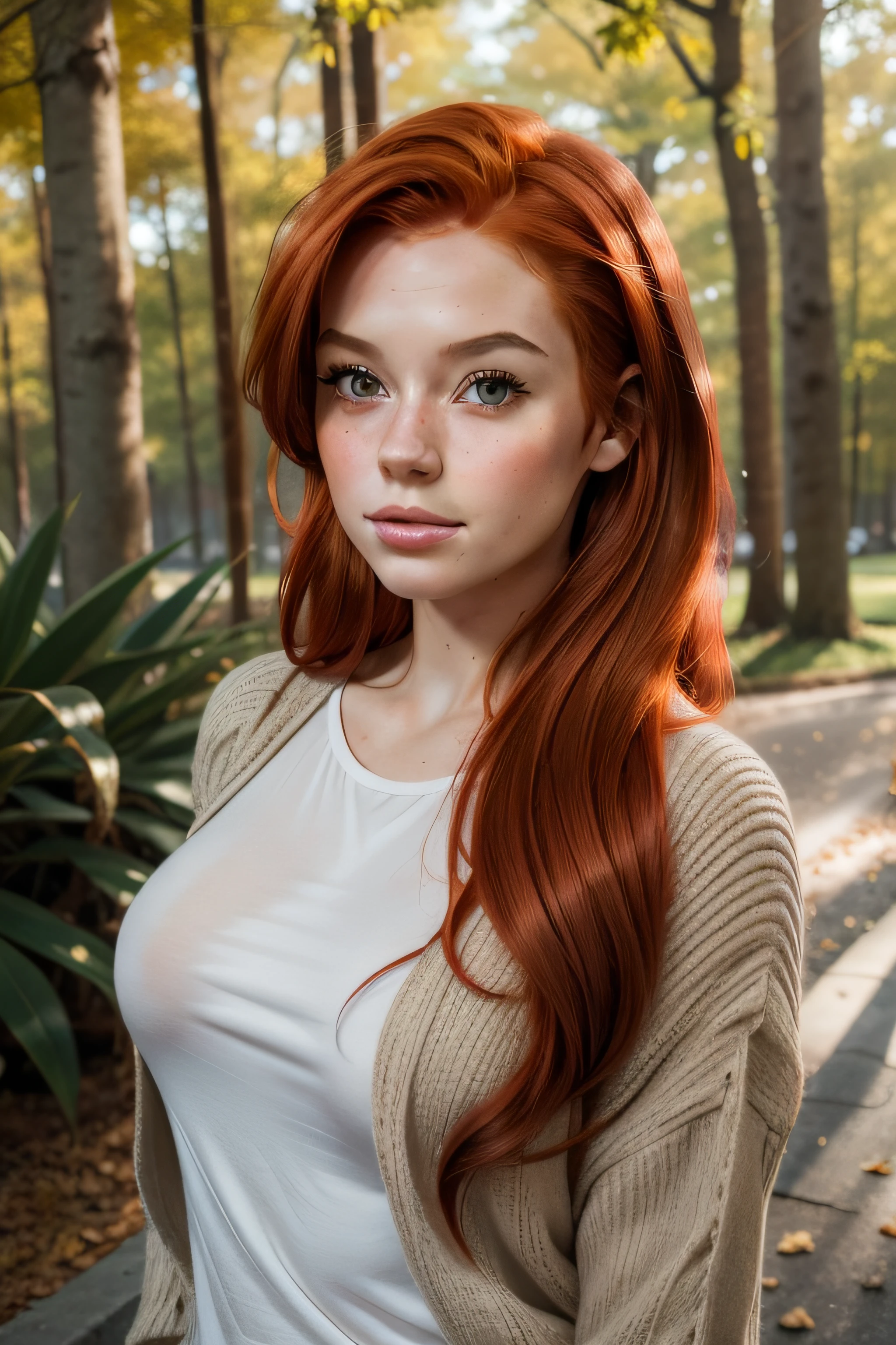 A close up of a woman with long red hair and a white shirt - SeaArt AI