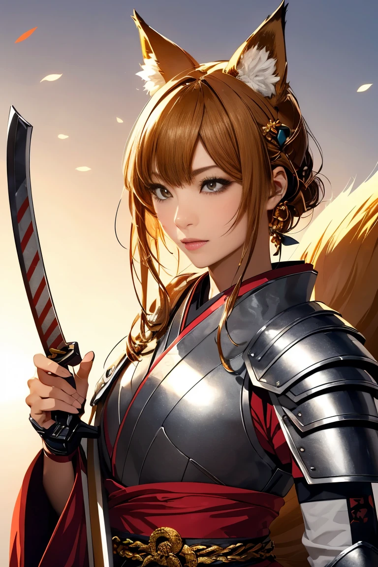 (((Looking away:1))), ((Look at another one:1)), fox incarnation、((Sexy Female Warrior))、Japan Yokai、Sexy fox female warrior with a Japanese sword、Fox ears、A figure holding a beautiful sword, ((sexy japan armor))