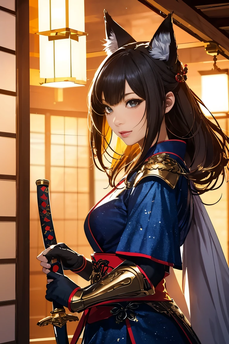 (((глядя:1))), ((Посмотрите еще один:1)), воплощение лисы、((Сексуальная женщина-воин))、Япония ёкай、Сексуальная лиса-воительница с японским мечом、лисьи уши、Фигура, держащая красивый меч, ((сексуальная японская броня))